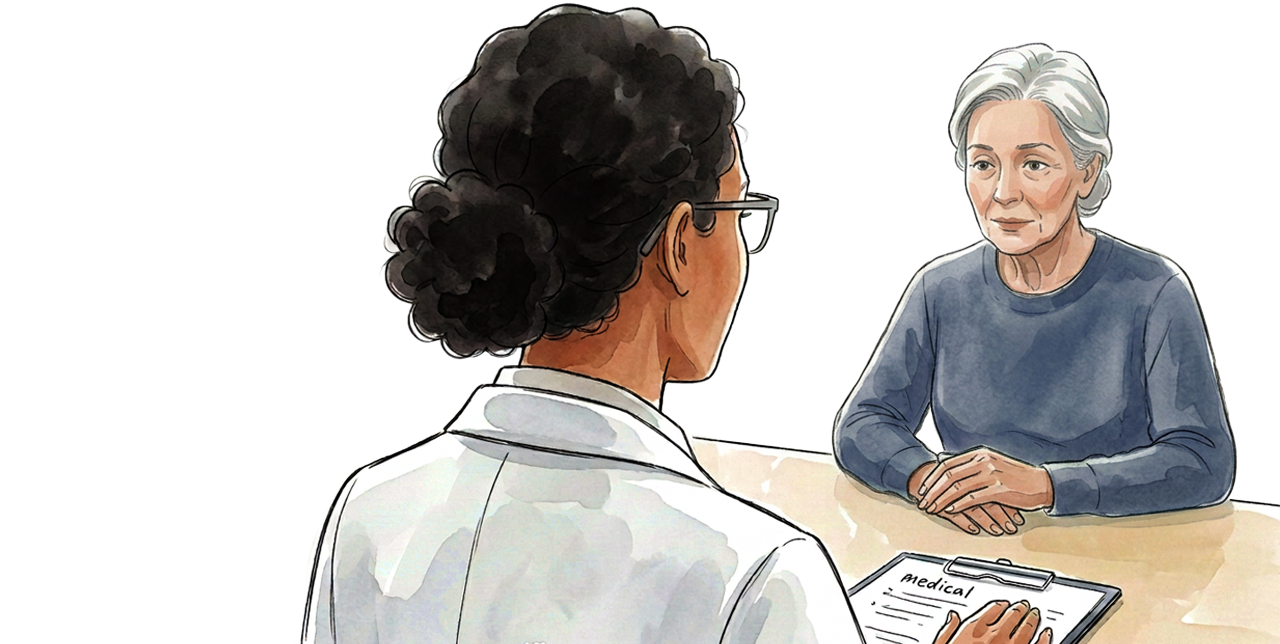 Watercolor-style illustration of a woman sitting in front of doctor.