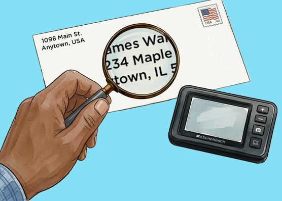 Holding a handheld magnifier over the address on an envelope, with a digital video magnifier on the side
