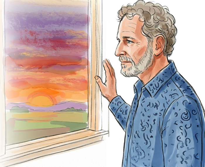 Watercolor-style image of an older man looking out the window at a sunrise.