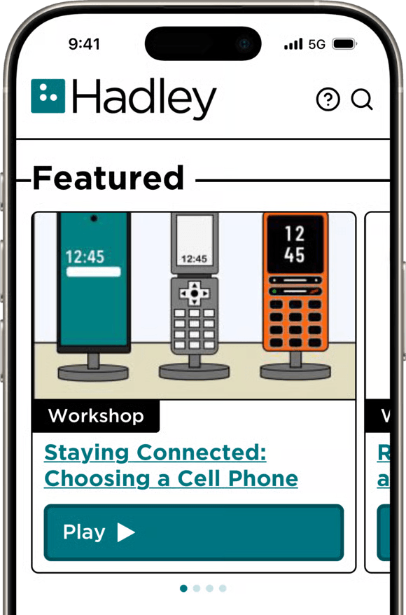 The Hadley mobile app showing discussion group and podcast reminders