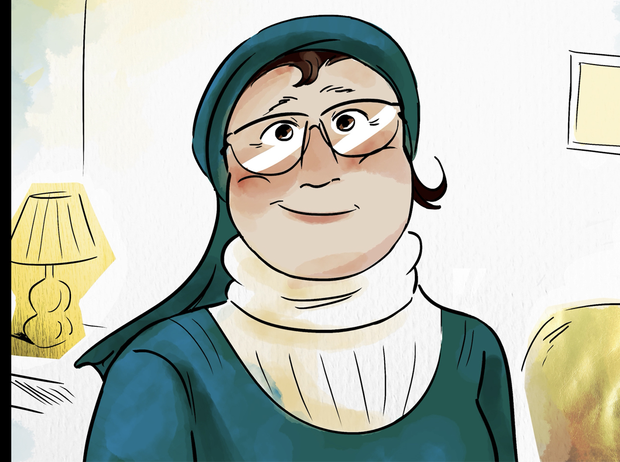 Illustration of Leah, a smiling woman in glasses, a teal headscarf, and a cream turtleneck, sitting in a warmly lit living room.
