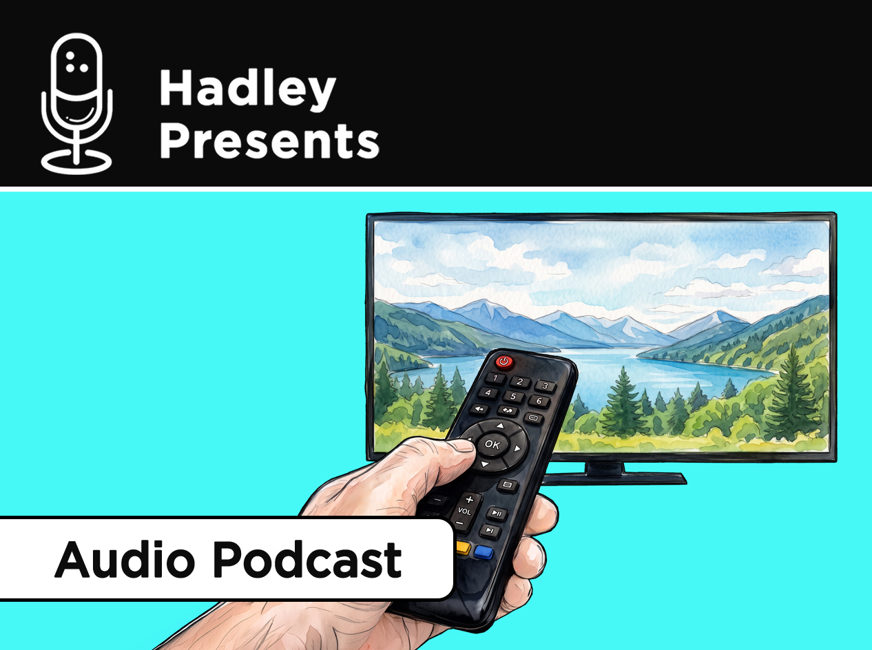 Close-up of middle-aged man's hand pointing a remote control at a TV monitor displaying a nature scene of a river flowing through a mountain valley.
