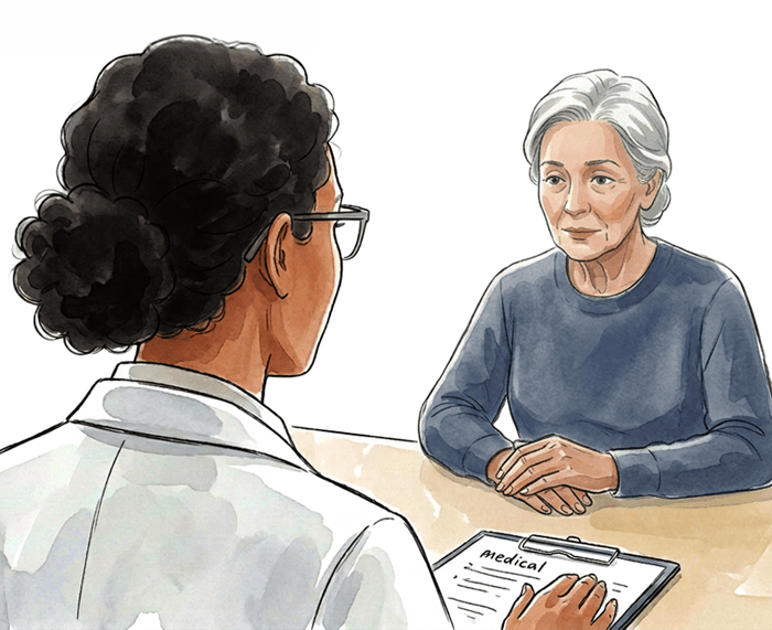 Watercolor-style illustration of a woman sitting in front of doctor.