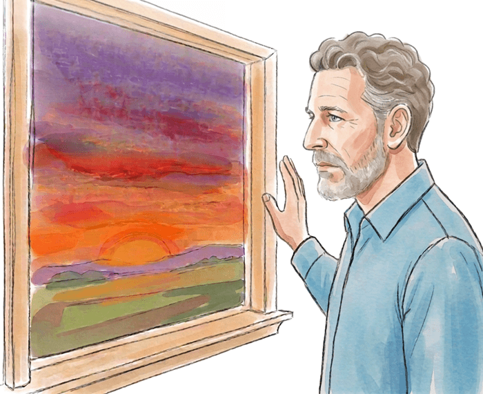 Watercolor-style image of an older man looking out the window at a sunrise.
