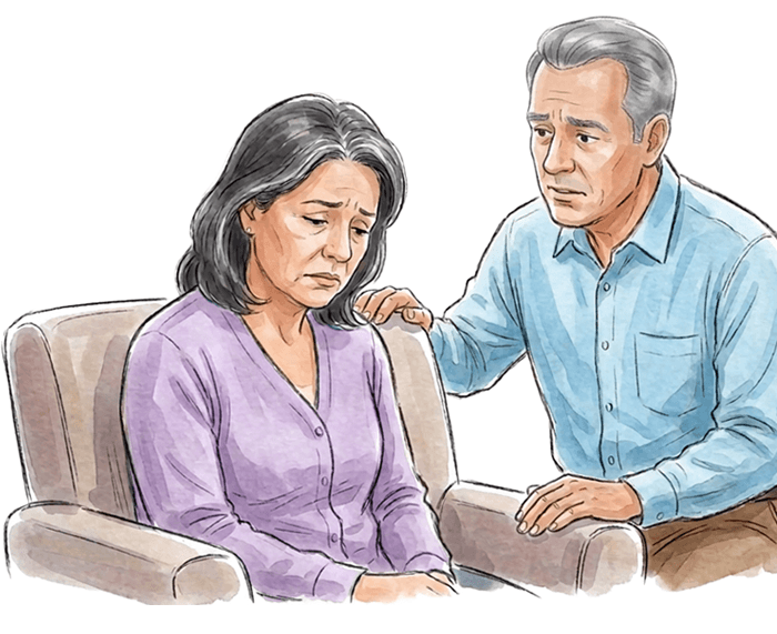Person seated while consulting with another person