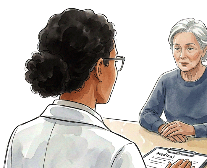 Watercolor-style illustration of a woman sitting in front of doctor.