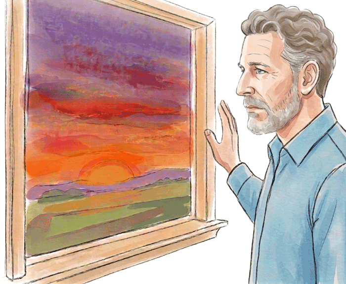 Watercolor-style image of an older man looking out the window at a sunrise.
