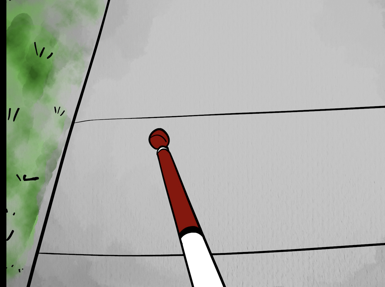 Illustration of a white cane with a red tip extending forward along a gray concrete sidewalk, with green grass on both sides.