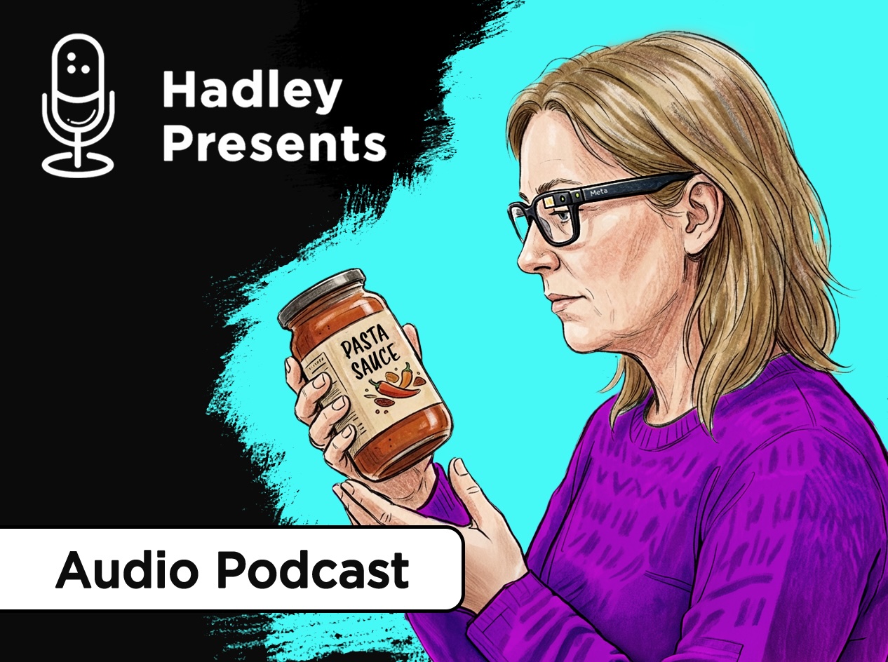 Close-up of middle-aged woman wearing Meta glasses and looking at a jar of pasta sauce she is holding in her right hand.