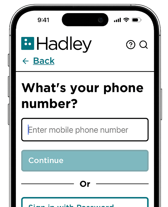 Hadley app screen with a mobile phone number field and Continue button.