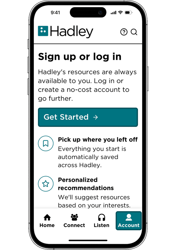Hadley app Account tab showing the Get Started button.