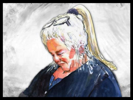 A watercolor-style illustration of an older woman with light gray hair pulled back in a ponytail. She is shown from the chest up, facing slightly to the left, with her head tilted downward. She is wearing a dark blue top. The background is light gray and textured.