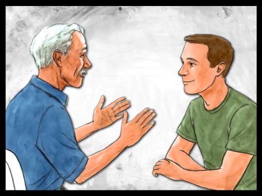 A watercolor-style illustration of two people seated facing each other. On the left, an older adult man with gray hair wearing a blue shirt gestures with both hands. On the right, a younger man with short brown hair wearing a green shirt sits with his arms resting in front of him. The background is light gray with a textured appearance.