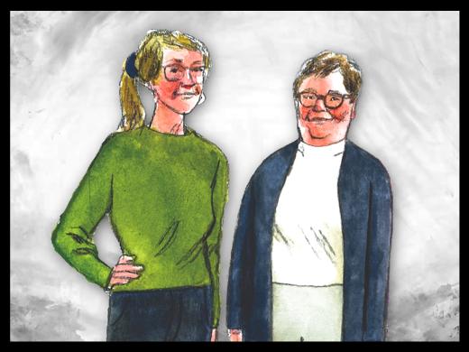 A watercolor-style illustration of two people standing side by side, On the left, an older adult woman with long blond hair pulled back in a ponytail wears glasses, a green long-sleeve top, and dark pants, with one hand resting on their hip. On the right, an older adult woman with short brown hair wears glasses, a white shirt, and a dark blue cardigan. The background is mostly light gray with a textured appearance.