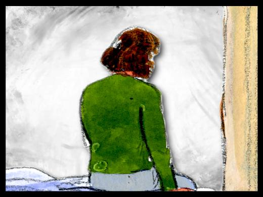 A watercolor-style illustration of a person shown from behind. The older adult woman has short brown hair and is wearing a green long-sleeve top and light-colored pants sitting on a bed. The background is mostly light gray with a textured appearance.