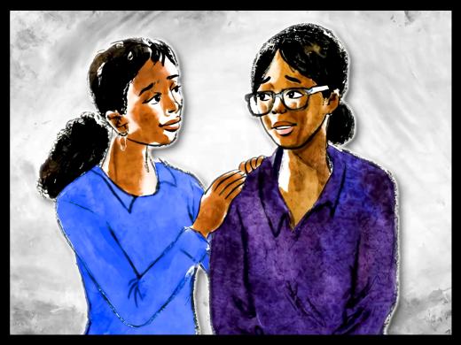 A watercolor-style illustration of two people standing close together against a light gray, textured background. On the left, a young woman with dark hair pulled back wears a blue long-sleeve top and places one hand on the other person's shoulder. On the right, an older adult woman with dark hair pulled back wears glasses and a purple long-sleeve top.