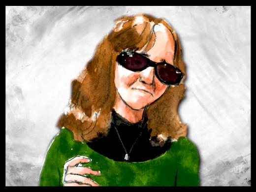 A watercolor-style illustration of an older adult woman shown from the chest up against a light gray, textured background. The woman has long brown hair and wears dark sunglasses, a green top layered over a black shirt, and a necklace. One hand is partially raised near their chest.