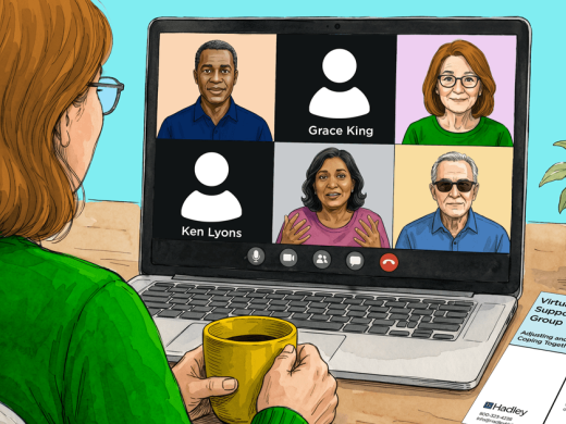 Person joins a virtual support group on a laptop while holding a mug at a desk
