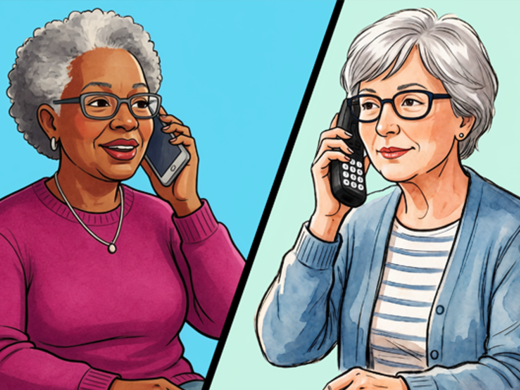 An older adults speaking on the phone, representing peer-to-peer support and connection