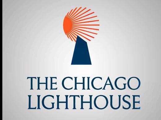 The Chicago Lighthouse logo features an orange burst of light radiating from a dark blue lighthouse, with the words "The Chicago Lighthouse" in dark blue lettering below, against a light gray background.